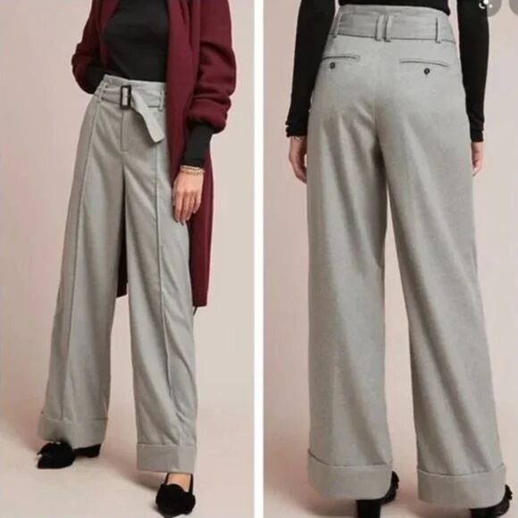 ANTHROPOLOGIE | CARTONNIER Gray High Rise Wide Leg Cuffed Trouser Pants Size 14 - Picture 1 of 7